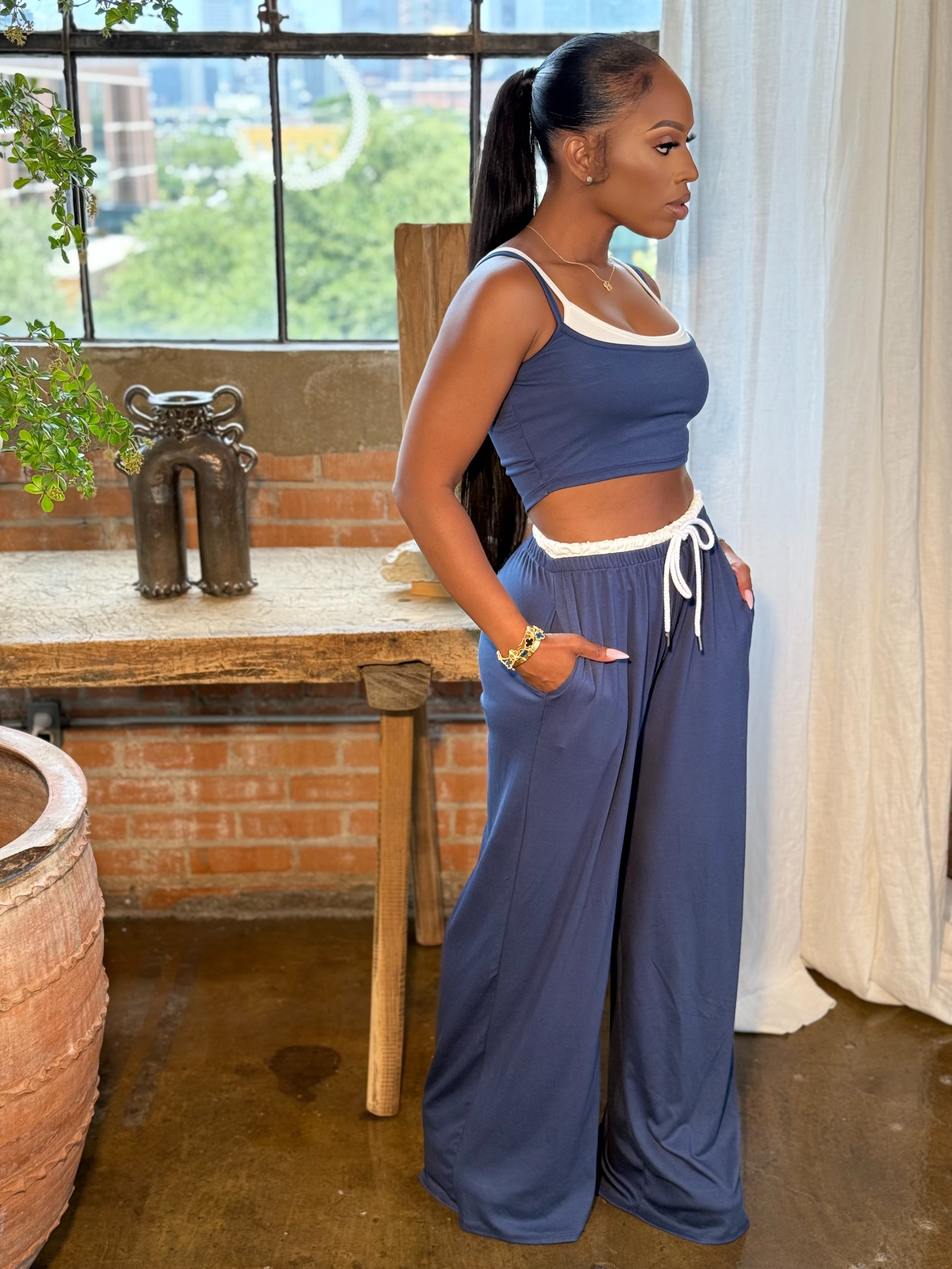 Just Chill Set 2 Piece Wide Leg Set (INSIGNIA BLUE)