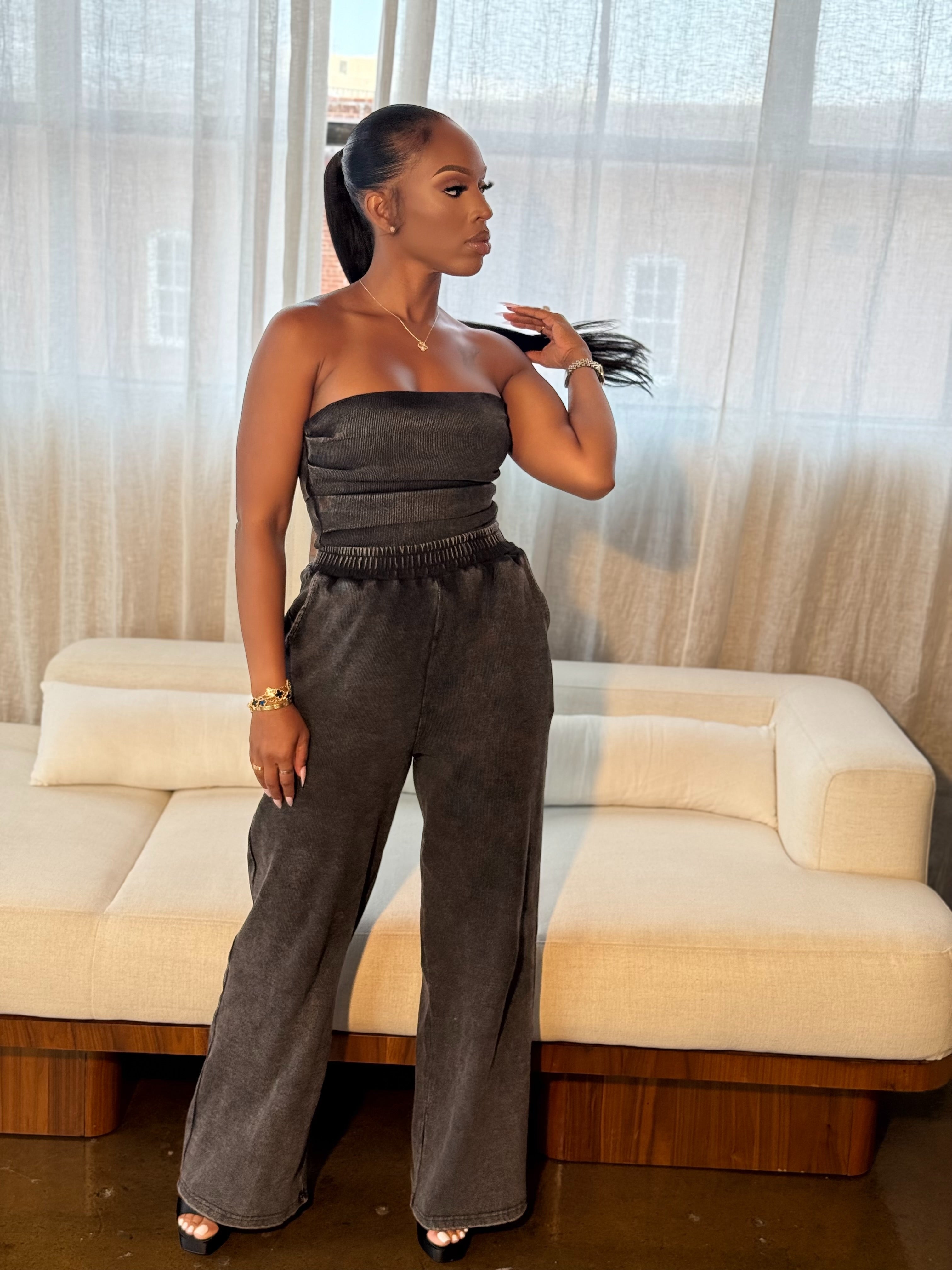 Nyx Set Mineral Wash Top And Matching Pants Set (Black)