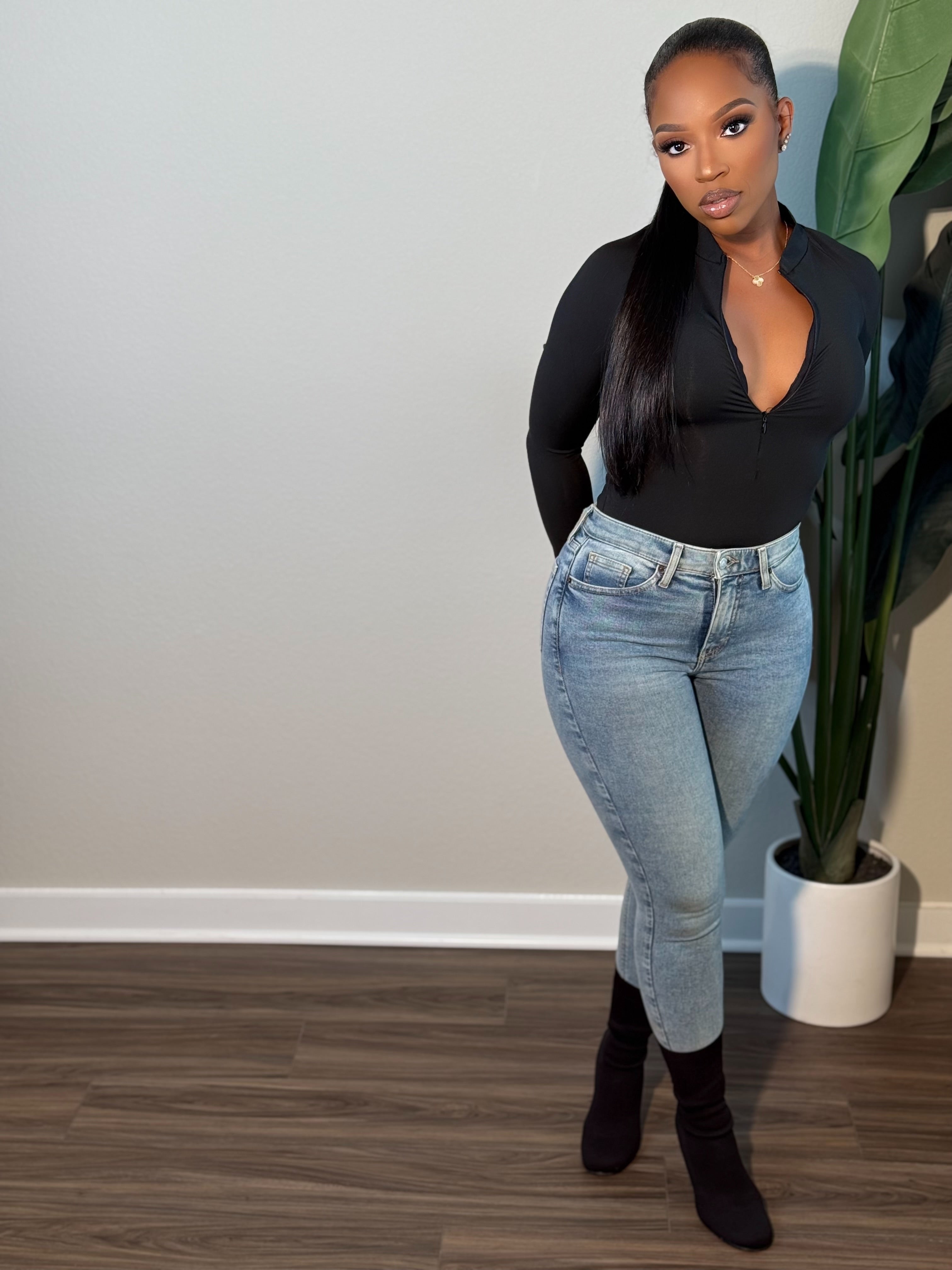 Jade Black Zipper Bodysuit