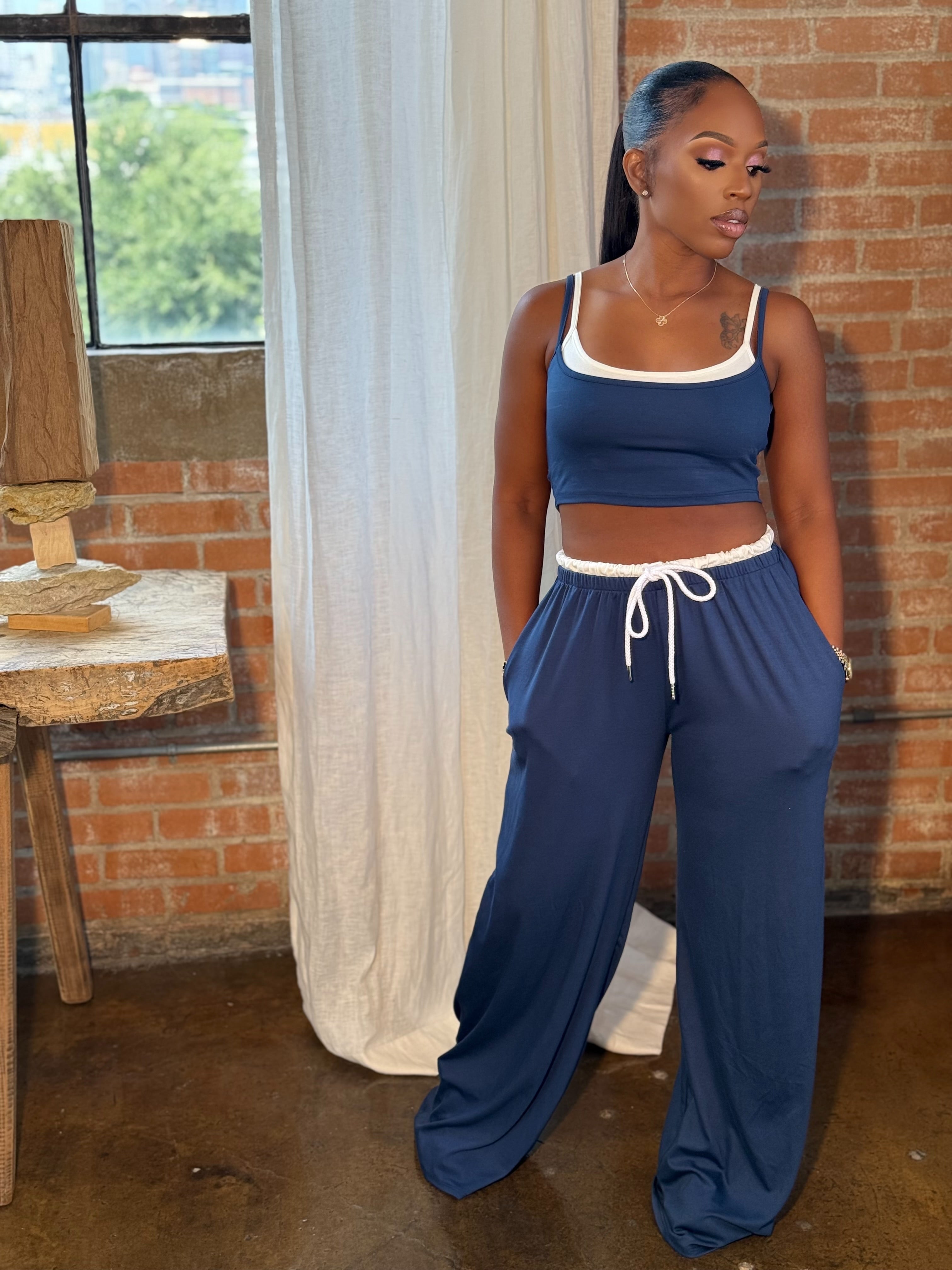 Just Chill Set 2 Piece Wide Leg Set (INSIGNIA BLUE)
